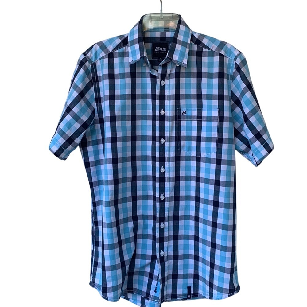 ZAB COMPANY. Blue/White/Black Checkered, Button down Shirt. Size M, 39/4…